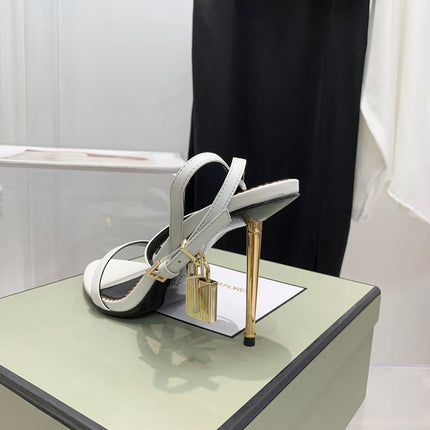 PADLOCK HIGH HEEL 10 CM SANDAL IN WHITE SHEEPSKIN