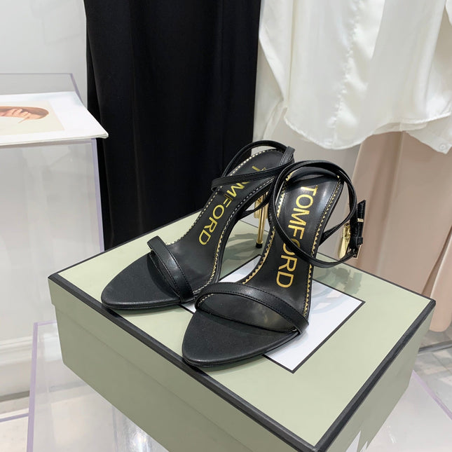 PADLOCK HIGH HEEL 10 CM SANDAL IN BLACK SHEEPSKIN