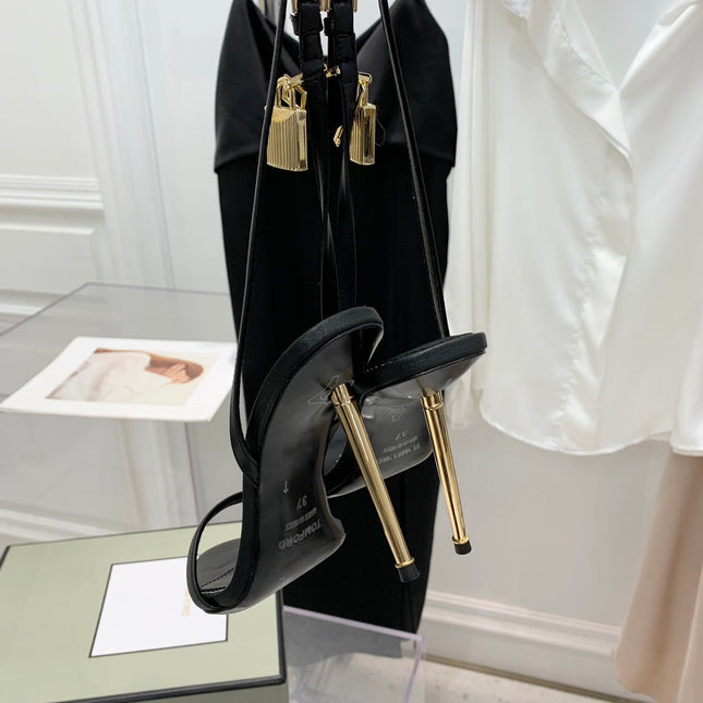 PADLOCK HIGH HEEL 10 CM SANDAL IN BLACK SHEEPSKIN