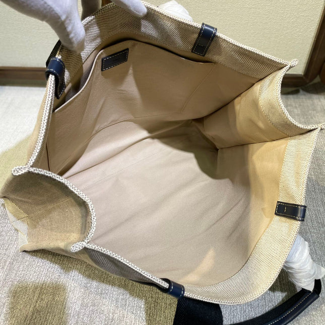 LAGRE WOODY TOTE BAG 45 IN BEIGE LINEN CANVAS BLACK WEBBING DARK BLUE CALFSKIN