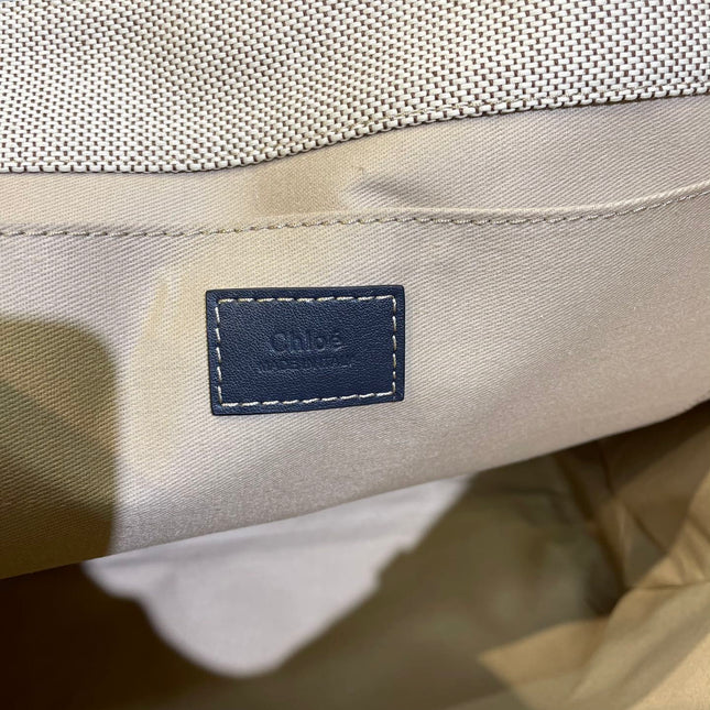 LAGRE WOODY TOTE BAG 45 IN BEIGE LINEN CANVAS BLACK WEBBING DARK BLUE CALFSKIN