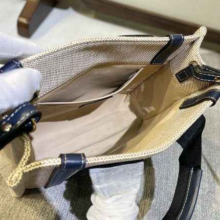 SMALL STRAP WOODY TOTE BAG 26.5 IN BEIGE LINEN CANVAS BLACK WEBBING DARK BLUE CALFSKIN