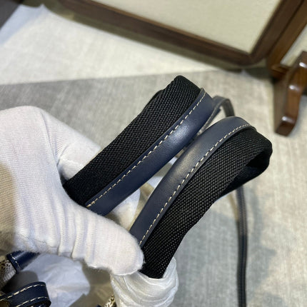 SMALL STRAP WOODY TOTE BAG 26.5 IN BEIGE LINEN CANVAS BLACK WEBBING DARK BLUE CALFSKIN