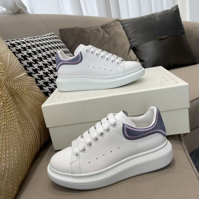 OVERSIZED SNEAKER IN WHITE CALFSKIN WITH PURPLE SUEDE HEEL TAB