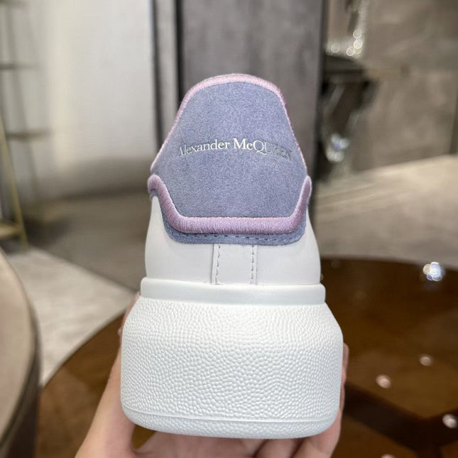OVERSIZED SNEAKER IN WHITE CALFSKIN WITH PURPLE SUEDE HEEL TAB