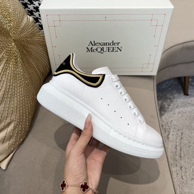 OVERSIZED SNEAKER - WHITE CALFSKIN WITH BLACK SUEDE AND GOLD STITCHED HEEL TAB