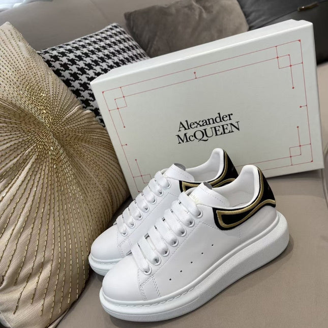 OVERSIZED SNEAKER - WHITE CALFSKIN WITH BLACK SUEDE AND GOLD STITCHED HEEL TAB