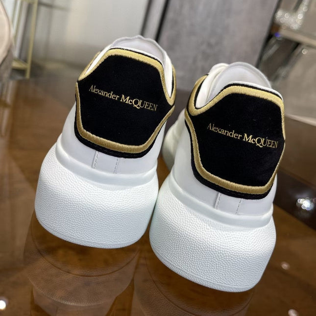 OVERSIZED SNEAKER - WHITE CALFSKIN WITH BLACK SUEDE AND GOLD STITCHED HEEL TAB