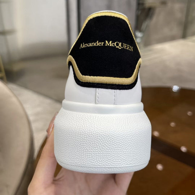 OVERSIZED SNEAKER - WHITE CALFSKIN WITH BLACK SUEDE AND GOLD STITCHED HEEL TAB