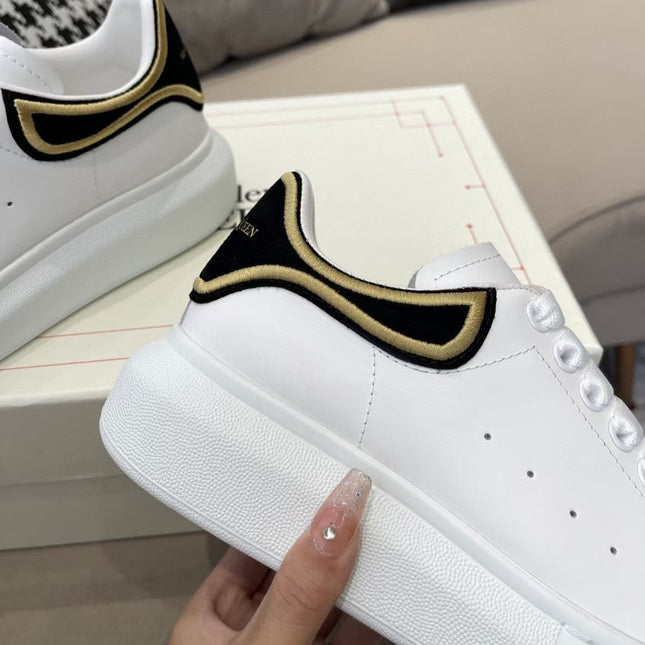 OVERSIZED SNEAKER - WHITE CALFSKIN WITH BLACK SUEDE AND GOLD STITCHED HEEL TAB