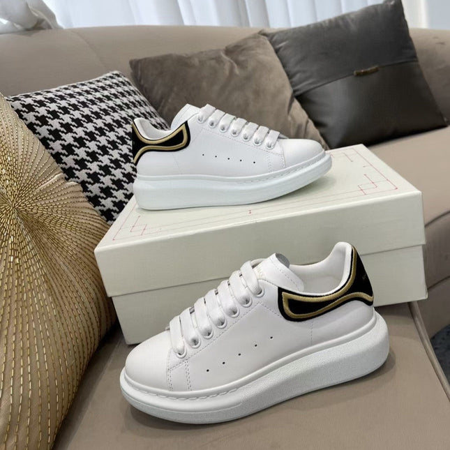 OVERSIZED SNEAKER - WHITE CALFSKIN WITH BLACK SUEDE AND GOLD STITCHED HEEL TAB