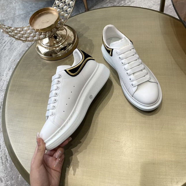 OVERSIZED SNEAKER - WHITE CALFSKIN WITH BLACK SUEDE AND GOLD STITCHED HEEL TAB