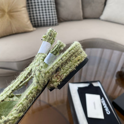 SLINGBACKS IN LIGHT GREEN FABRIC AND BLACK CALFSKIN