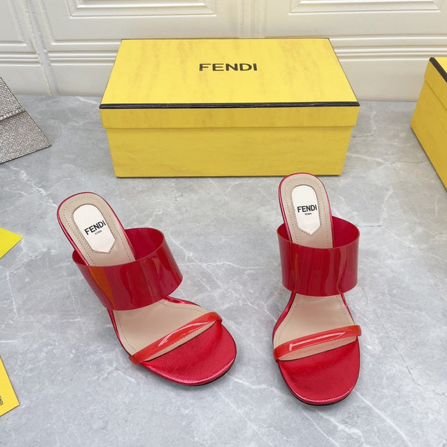 FENDI FIRST 95 MM HIGH-HEELED SANDAL IN CHERRY RED TPU FILM AND LAMBSKIN