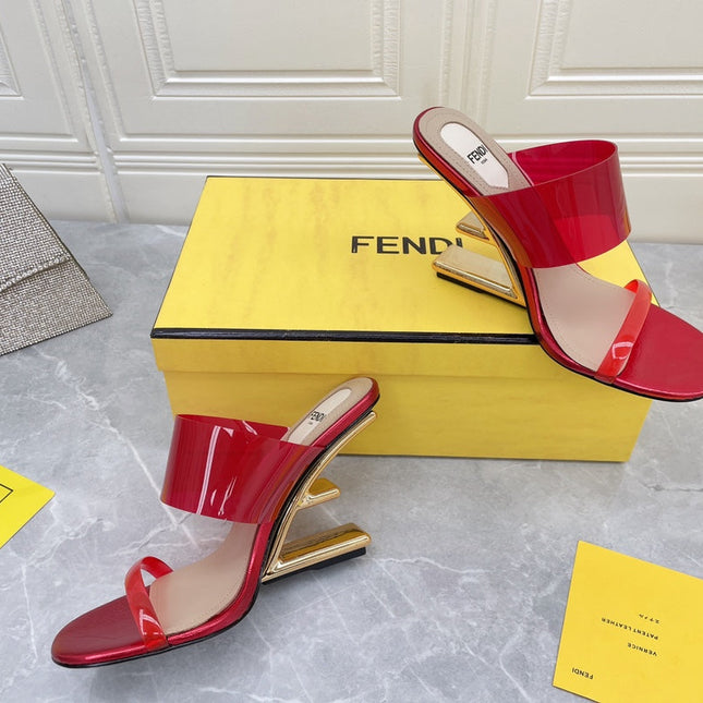 FENDI FIRST 95 MM HIGH-HEELED SANDAL IN CHERRY RED TPU FILM AND LAMBSKIN