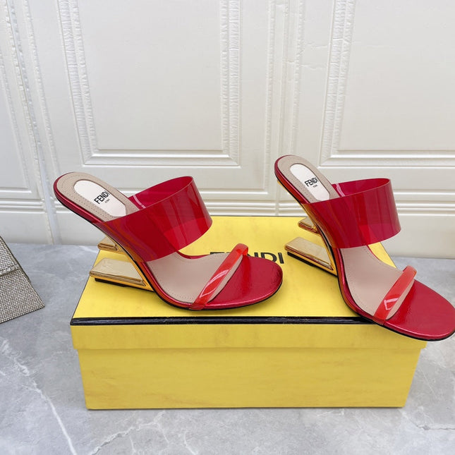FENDI FIRST 95 MM HIGH-HEELED SANDAL IN CHERRY RED TPU FILM AND LAMBSKIN