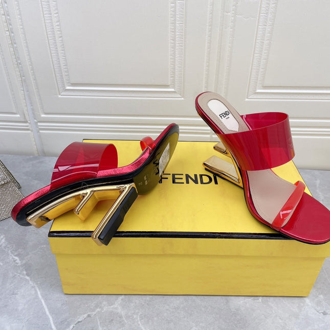FENDI FIRST 95 MM HIGH-HEELED SANDAL IN CHERRY RED TPU FILM AND LAMBSKIN