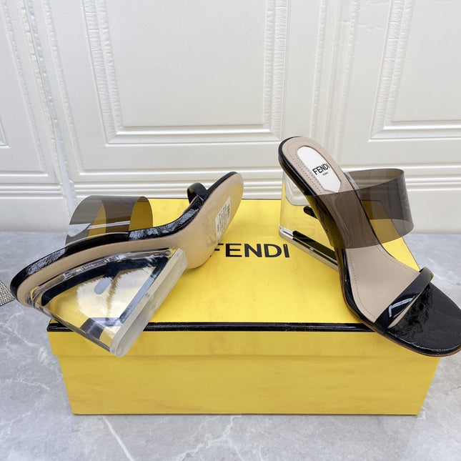 FENDI FIRST 95 MM HIGH-HEELED SANDAL IN BLACK TPU FILM AND LAMBSKIN