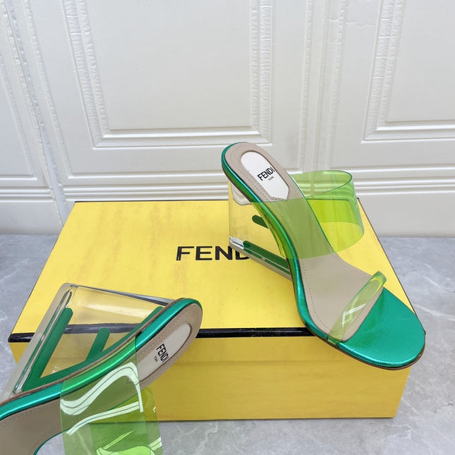 FENDI FIRST 95 MM HIGH-HEELED SANDAL IN GREEN FERN TPU FILM AND LAMBSKIN