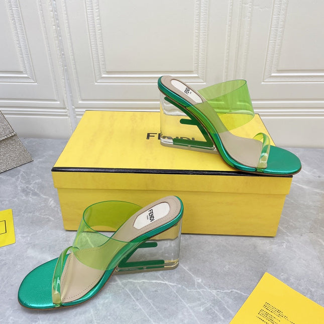 FENDI FIRST 95 MM HIGH-HEELED SANDAL IN GREEN FERN TPU FILM AND LAMBSKIN