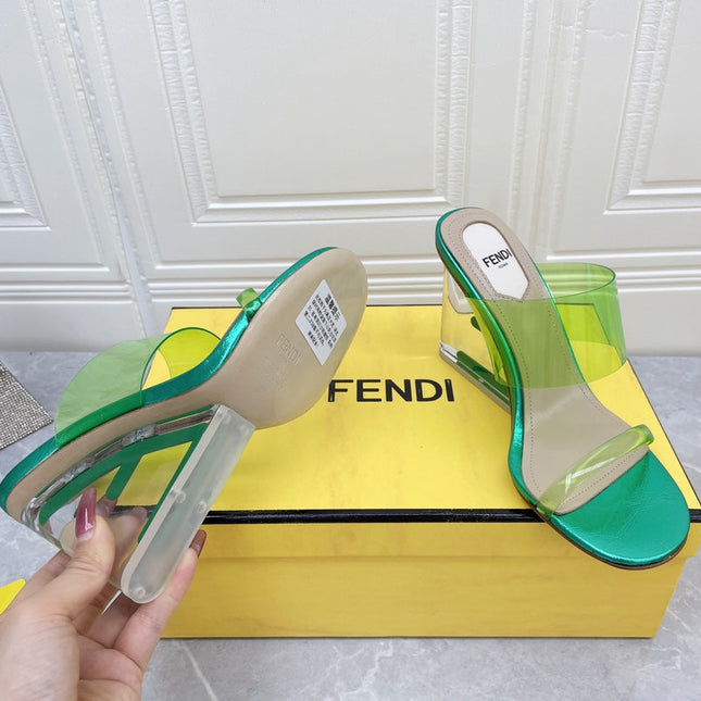 FENDI FIRST 95 MM HIGH-HEELED SANDAL IN GREEN FERN TPU FILM AND LAMBSKIN