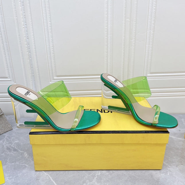 FENDI FIRST 95 MM HIGH-HEELED SANDAL IN GREEN FERN TPU FILM AND LAMBSKIN