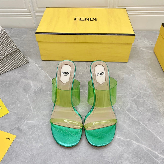 FENDI FIRST 95 MM HIGH-HEELED SANDAL IN GREEN FERN TPU FILM AND LAMBSKIN