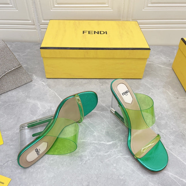 FENDI FIRST 95 MM HIGH-HEELED SANDAL IN GREEN FERN TPU FILM AND LAMBSKIN