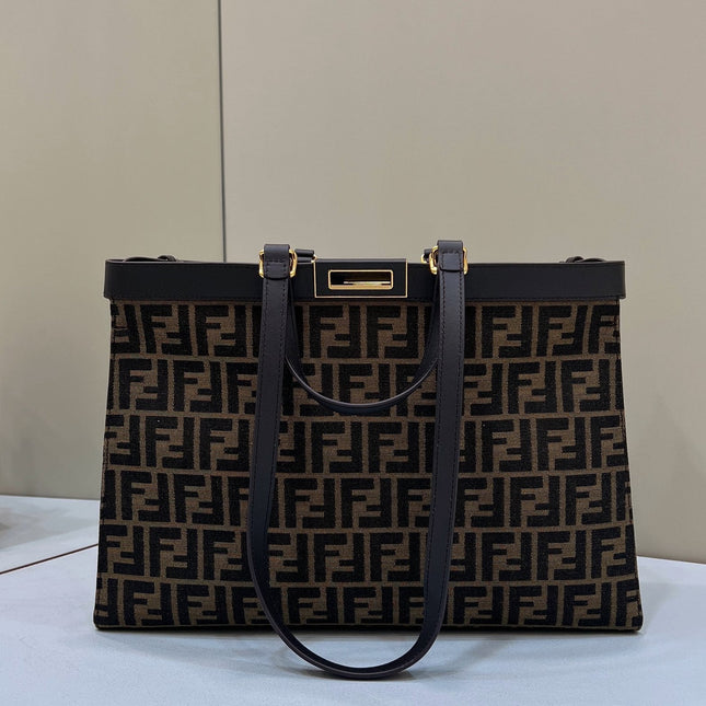 FENDI TOTE 41 BAG IN BROWN MIX BLACK MONOGRAM CANVAS GOLD HARDWARE