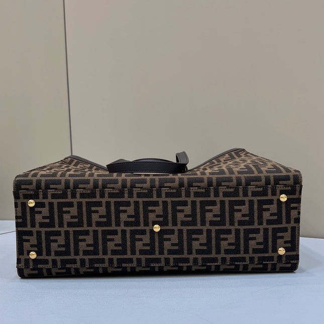 FENDI TOTE 41 BAG IN BROWN MIX BLACK MONOGRAM CANVAS GOLD HARDWARE