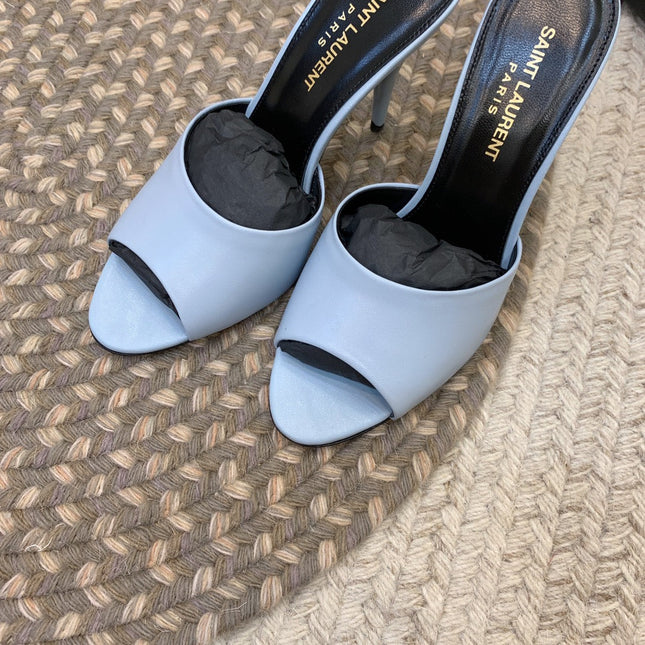LA 16 HEELED MULES IN SKY BLUE SMOOTH LAMBSKIN