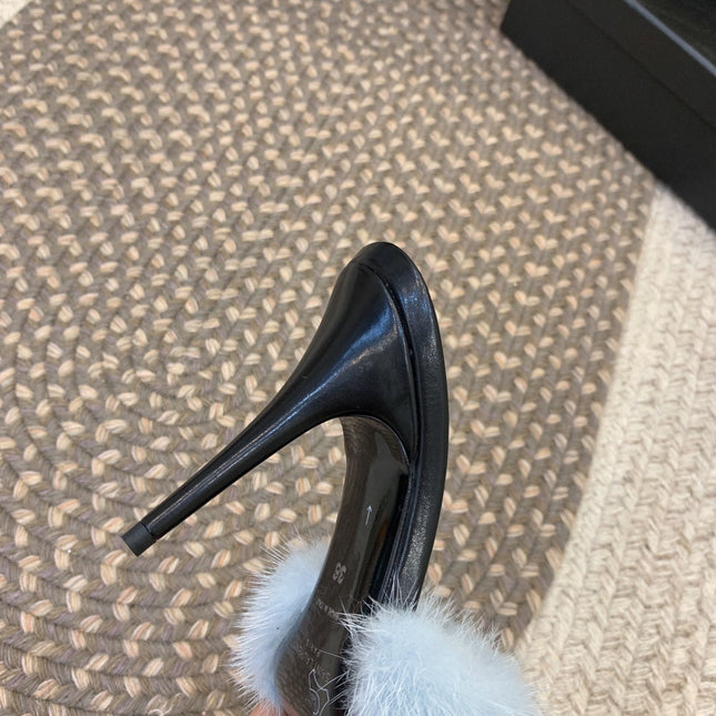 LA 16 HEELED MULES IN SKY BLUE RABBIT FUR AND SMOOTH LAMBSKIN