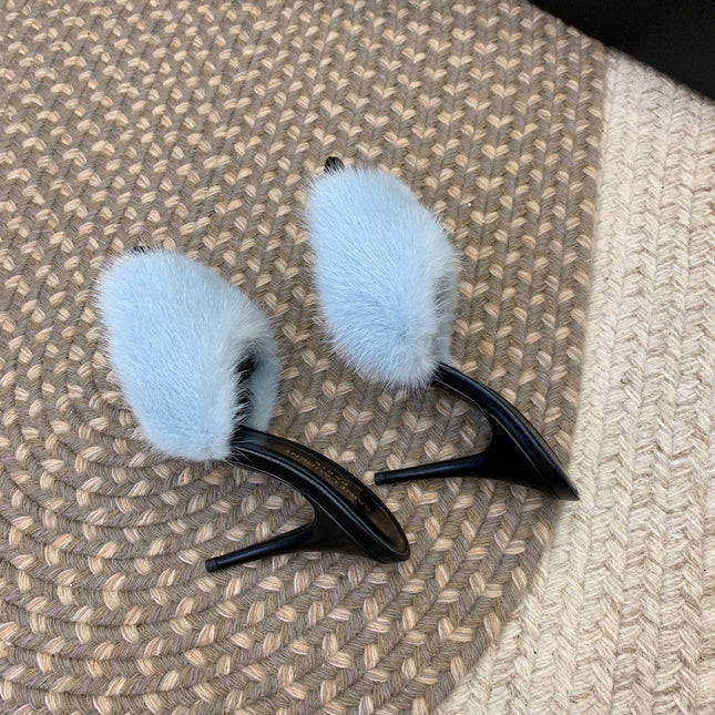 LA 16 HEELED MULES IN SKY BLUE RABBIT FUR AND SMOOTH LAMBSKIN
