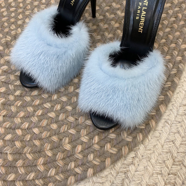 LA 16 HEELED MULES IN SKY BLUE RABBIT FUR AND SMOOTH LAMBSKIN