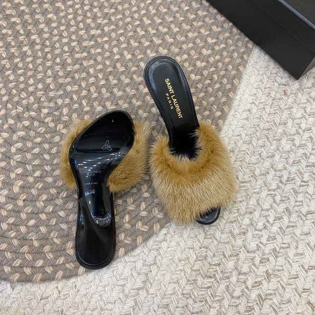 LA 16 HEELED MULES IN DRIED MOSS RABBIT FUR AND SMOOTH LAMBSKIN