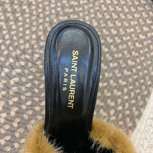 LA 16 HEELED MULES IN DRIED MOSS RABBIT FUR AND SMOOTH LAMBSKIN