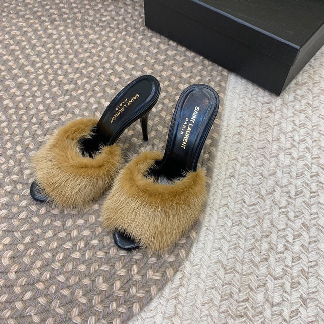 LA 16 HEELED MULES IN DRIED MOSS RABBIT FUR AND SMOOTH LAMBSKIN