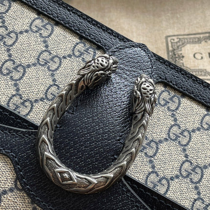 DYONYSUS SHOULDER BAG 25 IN BEIGE JACQUARD FABRIC AND BLACK CALFSKIN TRIM SILVER HARDWARE