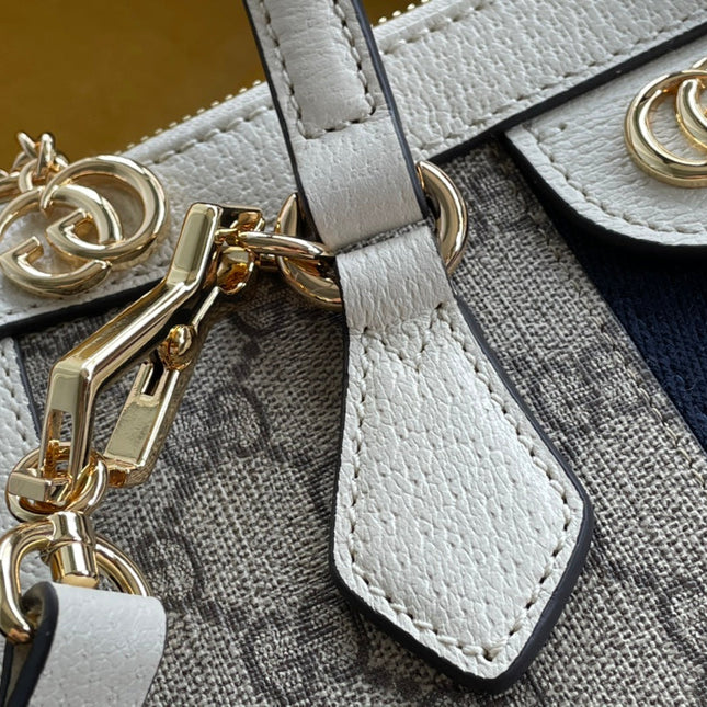 GG OPHIDIA 24 TOTE IN BEIGE CANVAS AND WHITE CALFSKIN