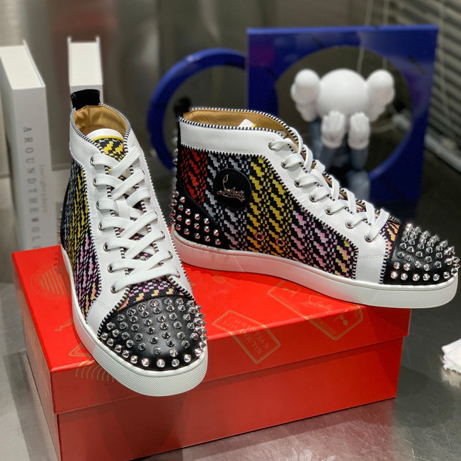LOU SPIKES HIGH-TOP SNEAKERS IN MULTICOLOR WOVEN FABRIC MIX CALFSKIN
