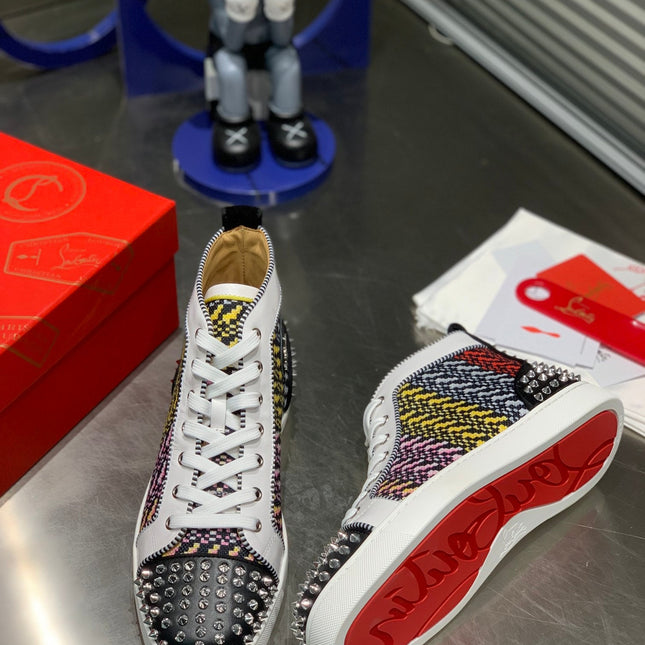 LOU SPIKES HIGH-TOP SNEAKERS IN MULTICOLOR WOVEN FABRIC MIX CALFSKIN