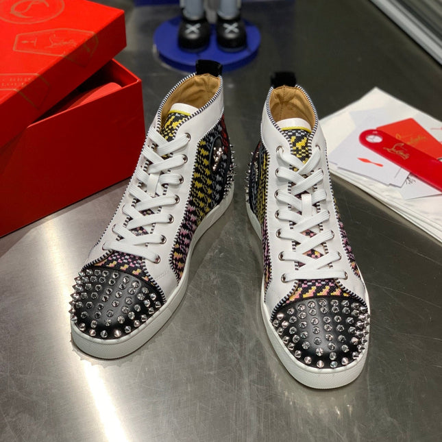 LOU SPIKES HIGH-TOP SNEAKERS IN MULTICOLOR WOVEN FABRIC MIX CALFSKIN