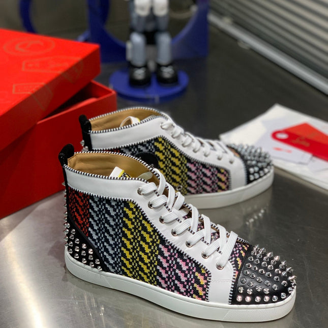LOU SPIKES HIGH-TOP SNEAKERS IN MULTICOLOR WOVEN FABRIC MIX CALFSKIN