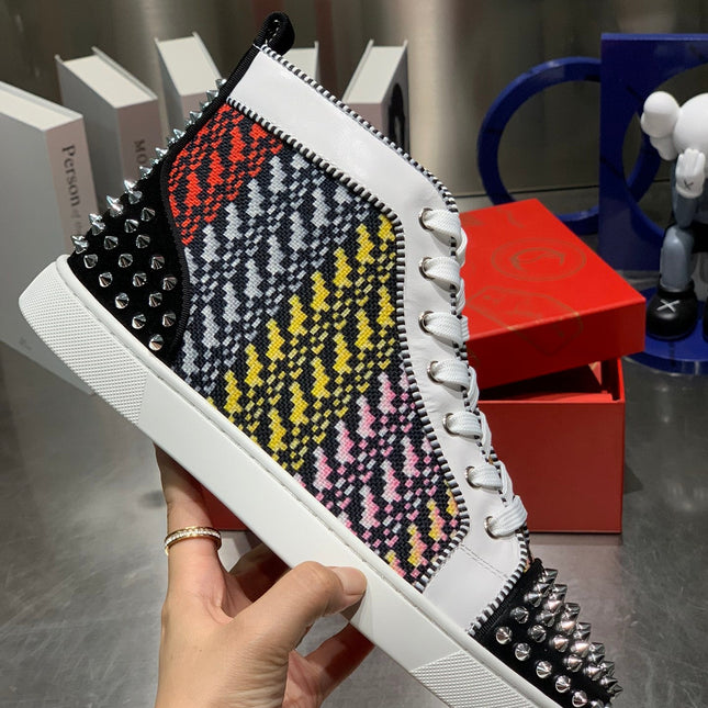 LOU SPIKES HIGH-TOP SNEAKERS IN MULTICOLOR WOVEN FABRIC MIX CALFSKIN