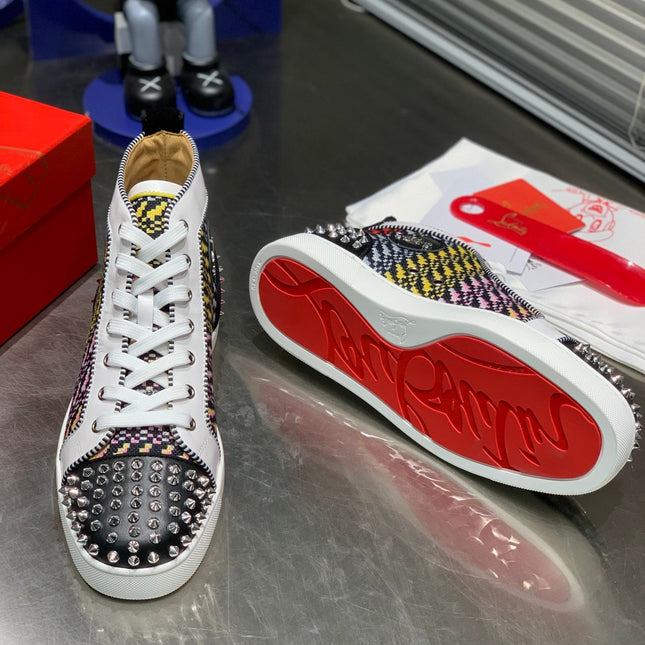 LOU SPIKES HIGH-TOP SNEAKERS IN MULTICOLOR WOVEN FABRIC MIX CALFSKIN
