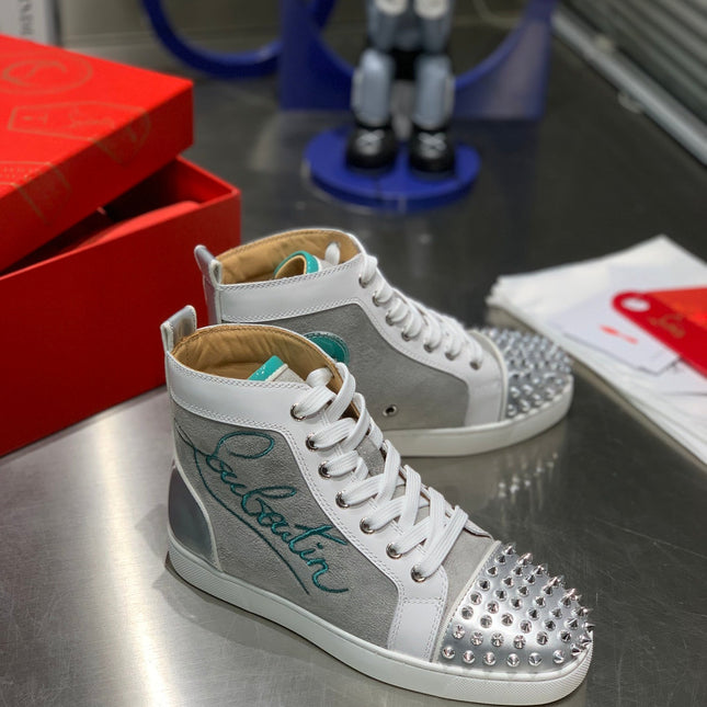 EMBROIDERED LOU SPIKES HIGH-TOP SNEAKERS IN GREY SUEDE MIX CALFSKIN