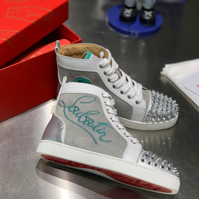 EMBROIDERED LOU SPIKES HIGH-TOP SNEAKERS IN GREY SUEDE MIX CALFSKIN