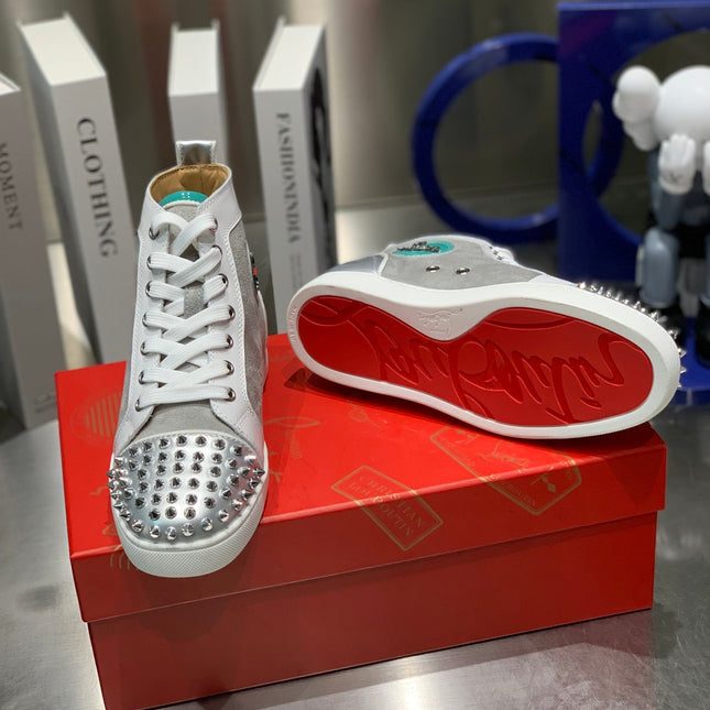 EMBROIDERED LOU SPIKES HIGH-TOP SNEAKERS IN GREY SUEDE MIX CALFSKIN