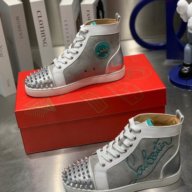 EMBROIDERED LOU SPIKES HIGH-TOP SNEAKERS IN GREY SUEDE MIX CALFSKIN