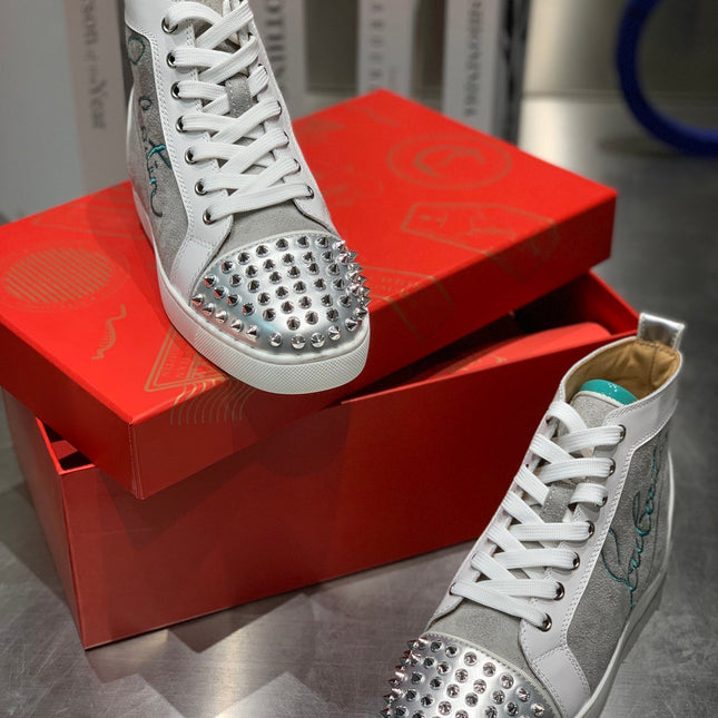 EMBROIDERED LOU SPIKES HIGH-TOP SNEAKERS IN GREY SUEDE MIX CALFSKIN